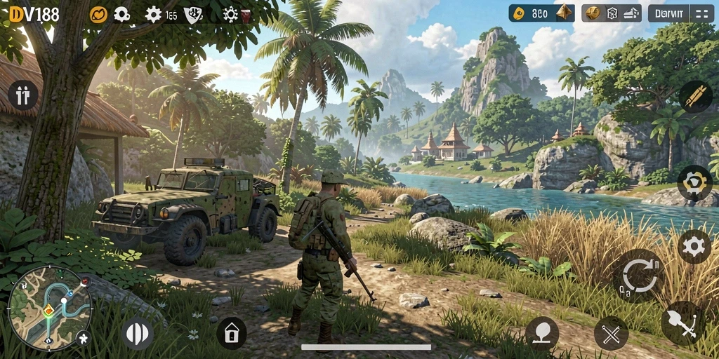 Tangkapan layar gameplay DV188 yang menampilkan keindahan dunia terbuka.