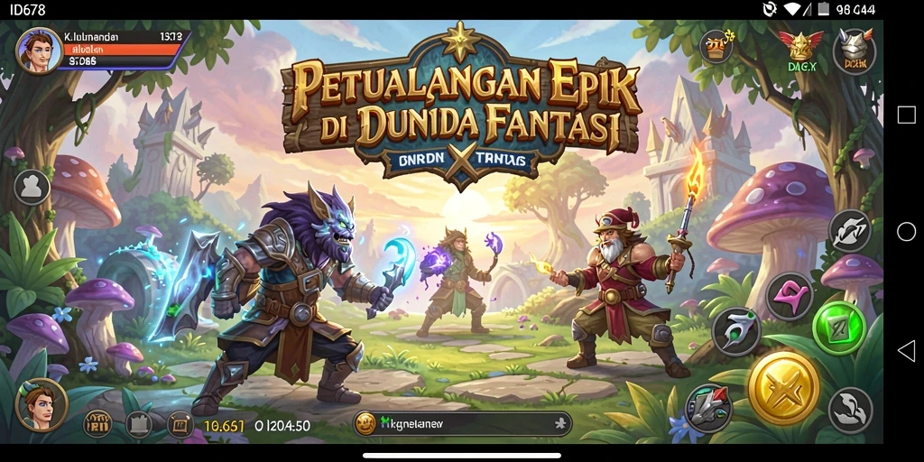 Screenshot utama ID678 menampilkan aksi karakter dalam petualangan fantastis.