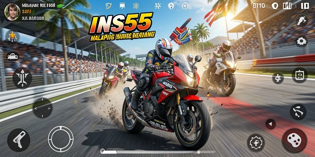 Screenshot gameplay INS55 menampilkan aksi balapan motor yang mendebarkan.