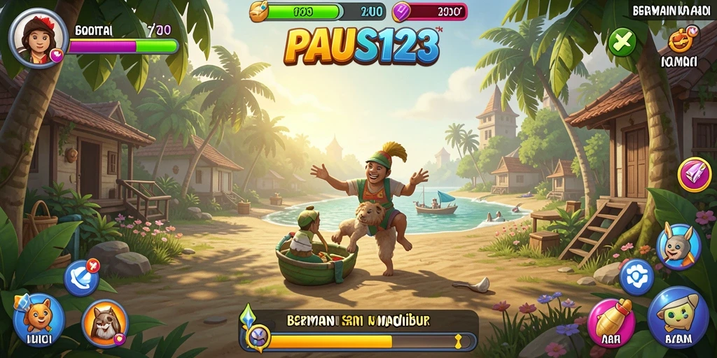 Screenshot utama PAUS123 menampilkan gameplay yang ceria dan penuh warna.