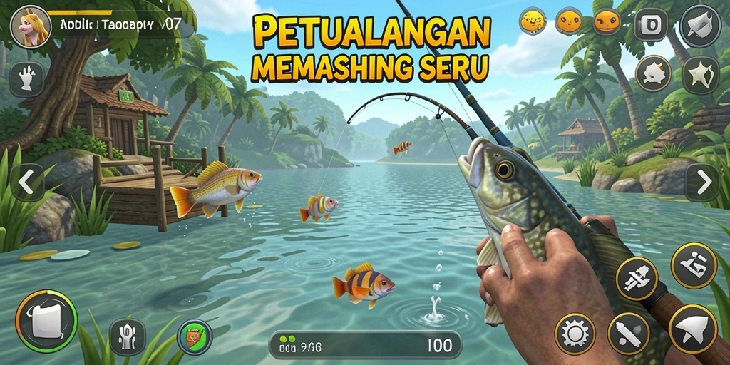 Tampilan seru gameplay V07 dengan aksi memancing yang menantang.
