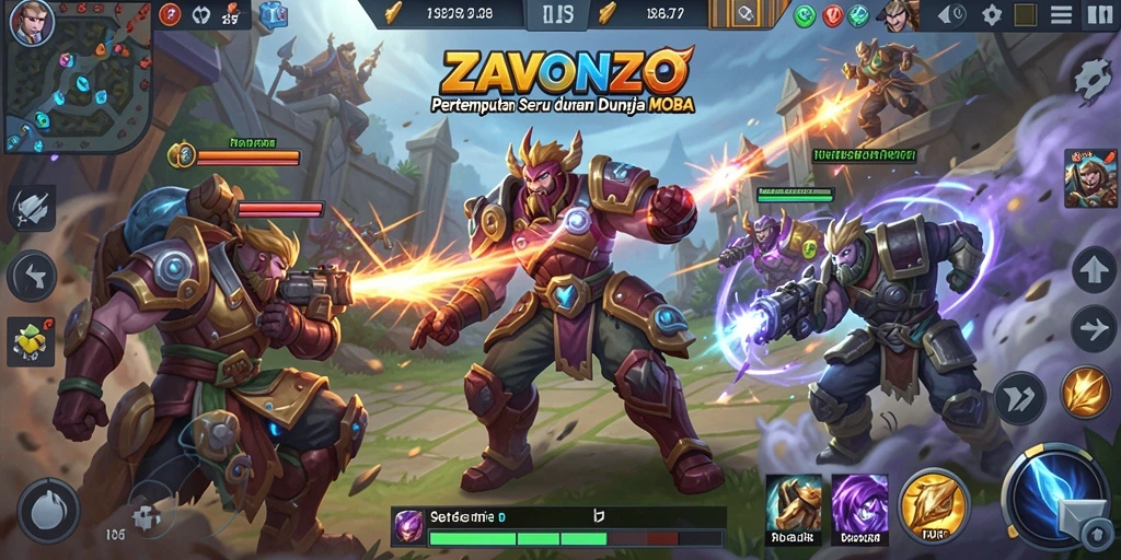 Screenshot gameplay ZAVONZO menampilkan aksi seru di arena MOBA.